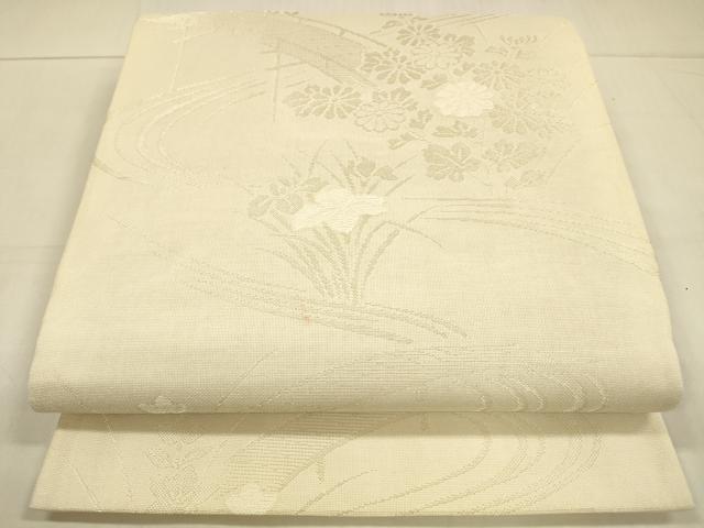 平和屋着物*夏物 六通柄袋帯 流水渡橋草花文 銀糸 正絹 逸品 DAAT7384cm