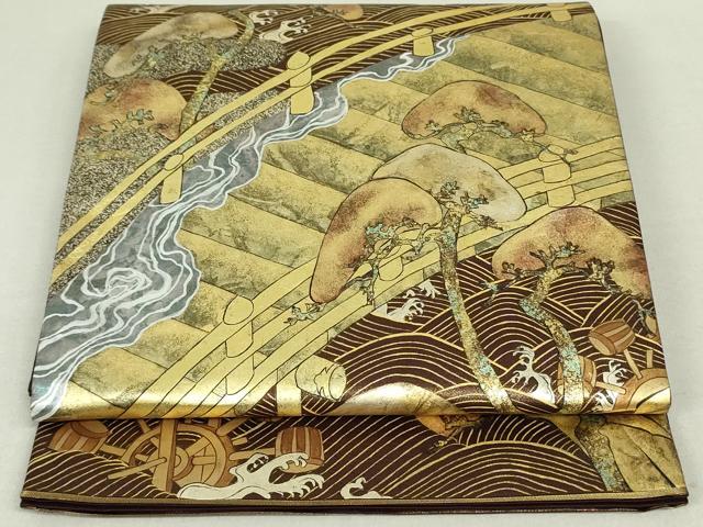 平和屋着物●太鼓柄袋帯 渡橋立波松文 金彩 正絹 逸品 DAAT7529ob