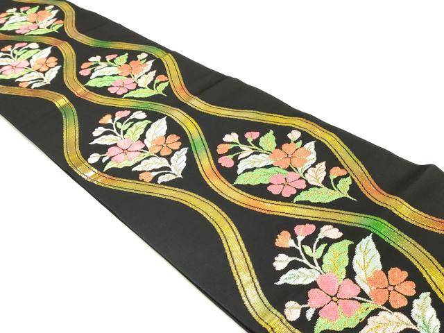 平和屋着物●六通柄 本袋帯 立枠小花紋 黒地 金糸 正絹 逸品 DAAT7869ob