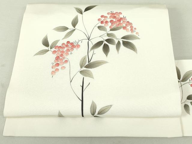 平和屋着物●塩瀬 九寸名古屋帯 手描き 南天文 金彩 正絹 逸品 DAAT7929ob