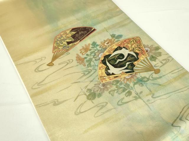平和屋着物◎六通柄袋帯 手描き 扇面飛鶴花文 金彩 正絹 逸品 DAAT8509qp