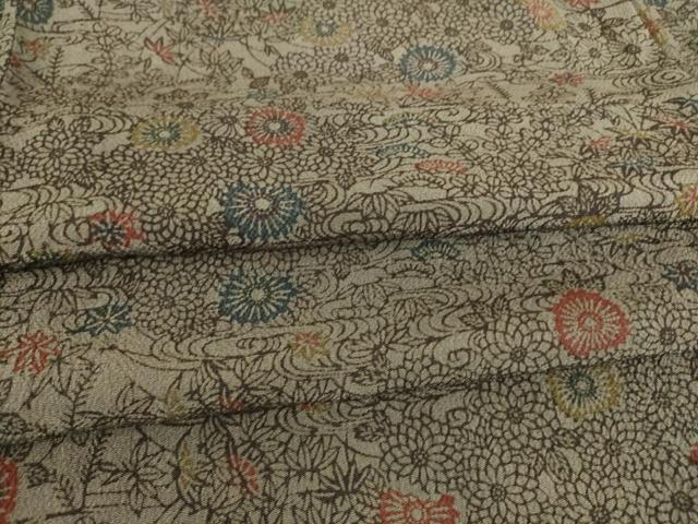 平和屋着物▽上質な小紋 単衣 型染め 菊楓文 鬼しぼ縮緬 正絹 逸品 DAAT9178az