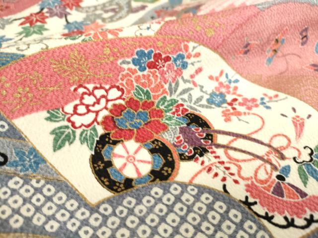 平和屋着物▽上質な小紋 単衣 地紙御所車花文 金彩 鬼しぼ縮緬 正絹 逸品 DAAT9187az