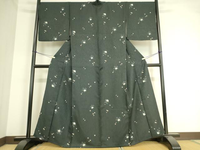 平和屋着物▽小紋 単衣 駒に舞花文 黒地 洗える着物 DAAT9192az