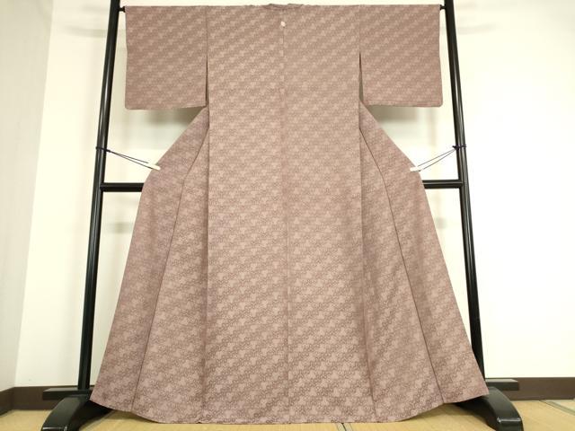 平和屋着物▽上質なお召 色無地 単衣 毘沙門亀甲地紋 梅染色 正絹 逸品 DAAT9214az