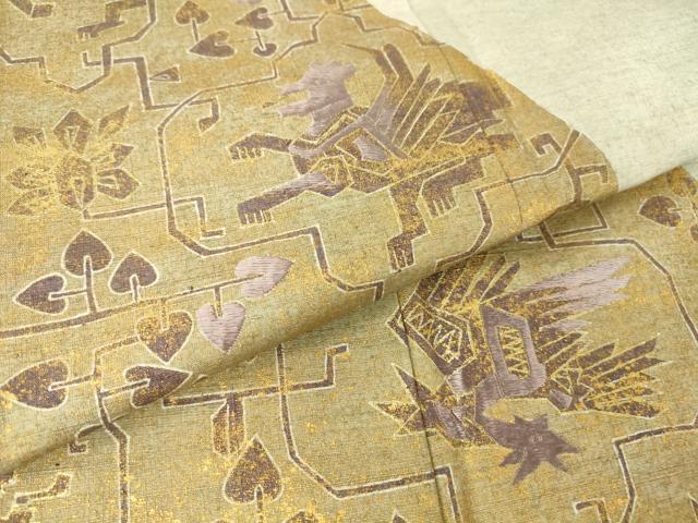 平和屋着物▽訪問着 単衣 紬地 刺繍 壁画鳥獣花文 金彩 正絹 逸品 DAAT9217az