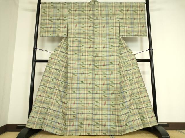 平和屋着物▽上質な紬 単衣 絣格子文 正絹 逸品 DAAT9219az