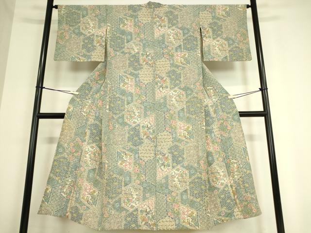平和屋着物▽上質な小紋 単衣 亀甲花鳥蝶文 正絹 逸品 DAAT9251az