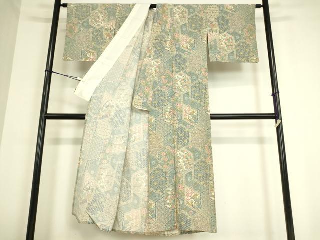平和屋着物▽上質な小紋 単衣 亀甲花鳥蝶文 正絹 逸品 DAAT9251az