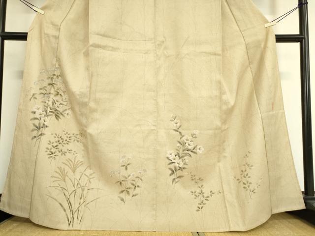 平和屋着物▽訪問着 単衣 紬地 作家物 草花文 手描き 金彩 正絹 逸品 DAAT9341az