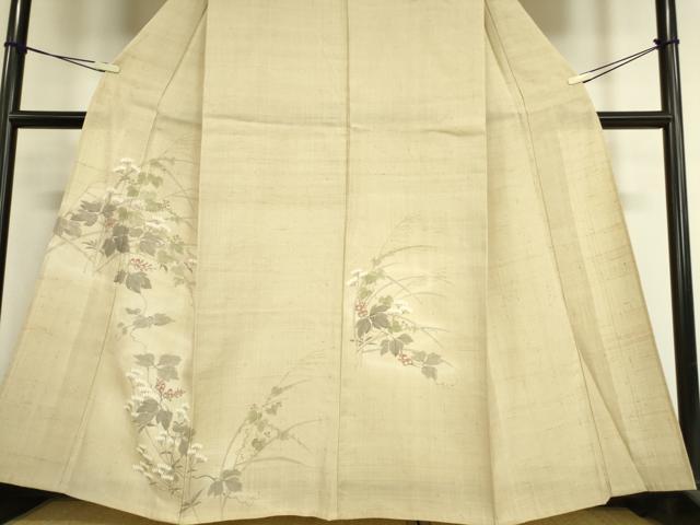 平和屋着物▽訪問着 単衣 紬地 草花文 手描き 正絹 逸品 DAAT9363az