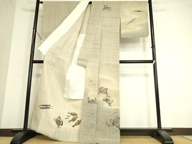 平和屋着物▽訪問着 単衣 生紬 作家物 魚文 蟹 暈し染め 金彩 正絹 逸品 DAAT9368az