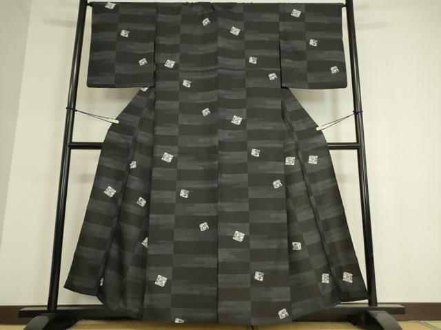 平和屋着物▽小紋 単衣 色紙花文 黒地 洗える着物 DAAT9369az