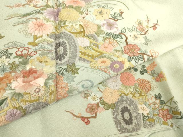 平和屋着物▽訪問着 単衣 総刺繍 花車文 金糸 正絹 逸品 DAAT9385az
