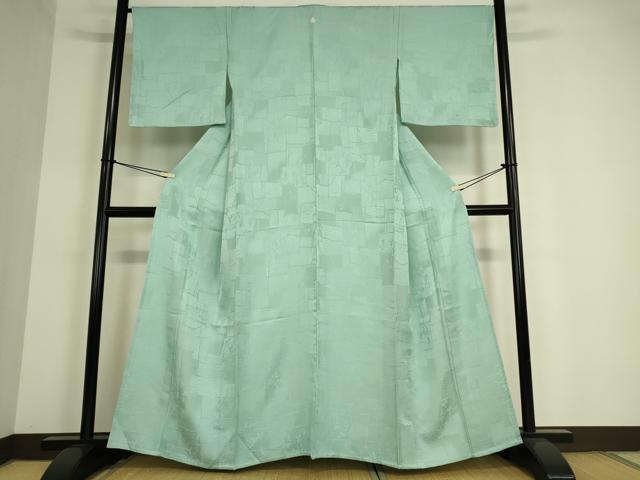 平和屋着物▽上質な色無地 単衣 色紙重ね花地紋 白群色 正絹 逸品 DAAT9497az
