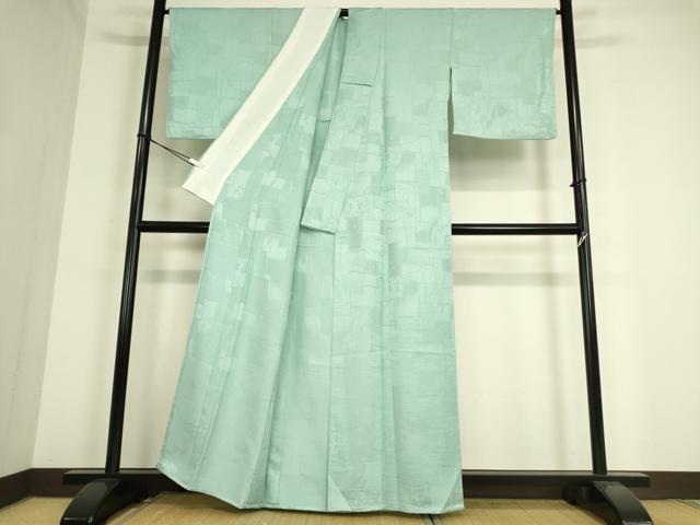 平和屋着物▽上質な色無地 単衣 色紙重ね花地紋 白群色 正絹 逸品 DAAT9497az