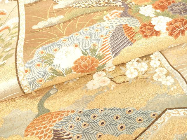 平和屋着物▼六通柄袋帯 唐織 屏風孔雀花文 金糸 正絹 逸品 DAAT9559az