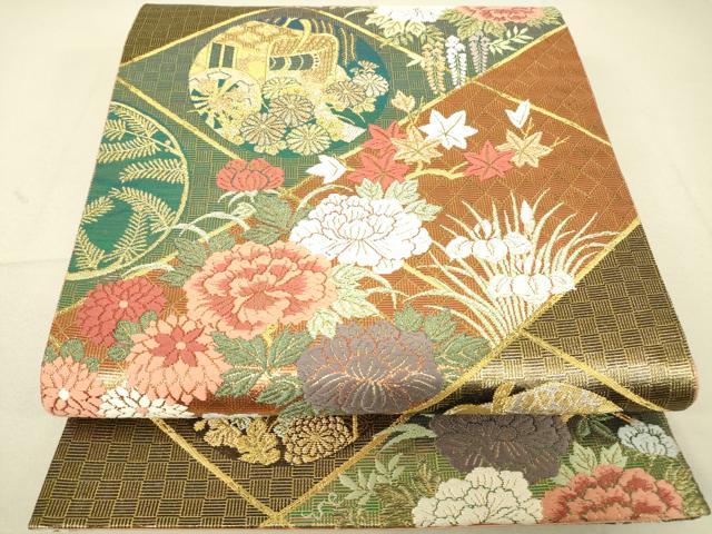 平和屋着物▼六通柄袋帯 唐織 御所車花文 金糸 正絹 逸品 DAAT9569az