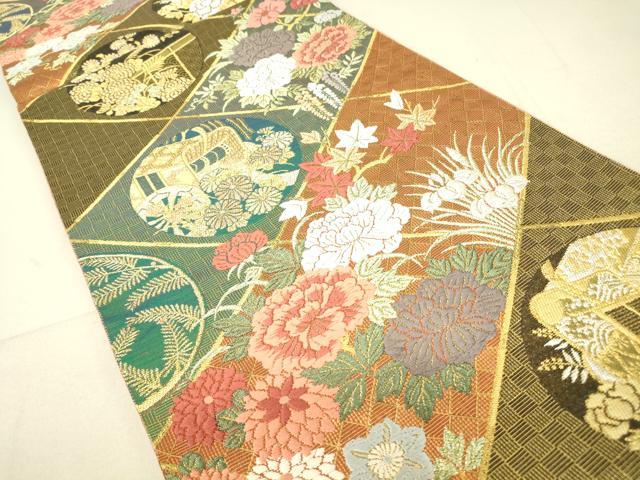 平和屋着物▼六通柄袋帯 唐織 御所車花文 金糸 正絹 逸品 DAAT9569az