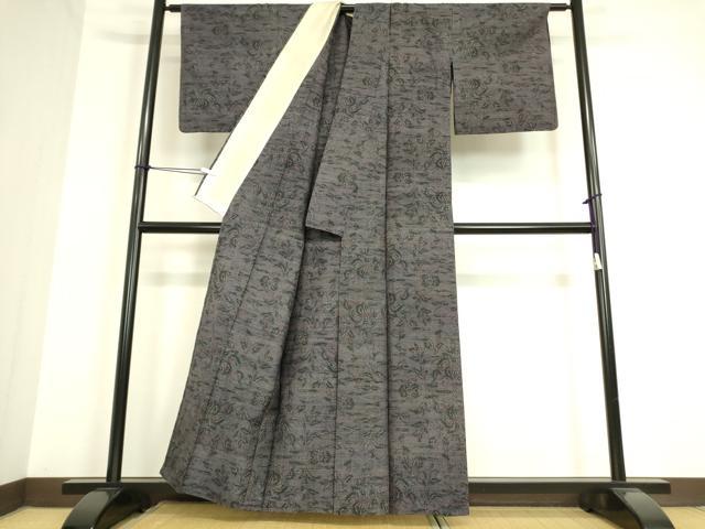平和屋着物▽上質な紬 単衣 草花文 正絹 逸品 DAAT9655az