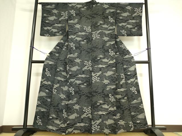 平和屋着物▽上質な小紋 単衣 風景花文 黒地 正絹 逸品 DAAT9663az