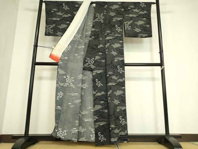 平和屋着物▽上質な小紋 単衣 風景花文 黒地 正絹 逸品 DAAT9663az