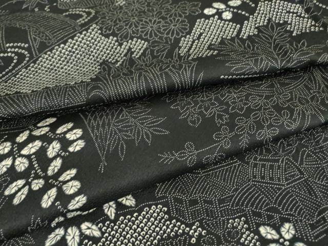 平和屋着物▽上質な小紋 単衣 風景花文 黒地 正絹 逸品 DAAT9663az