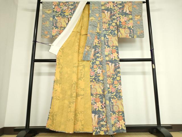 平和屋着物▽上質な小紋 単衣 御所車花文 松竹梅 正絹 逸品 DAAT9690az