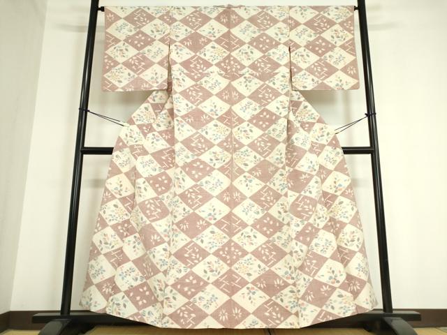 平和屋着物▽瑞穂紬 単衣 菱花文 反端付き 正絹 逸品 DAAT9855az