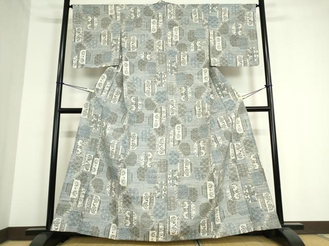 平和屋着物▽小千谷紬 単衣 亀甲更紗花文 正絹 逸品 DAAT9861az
