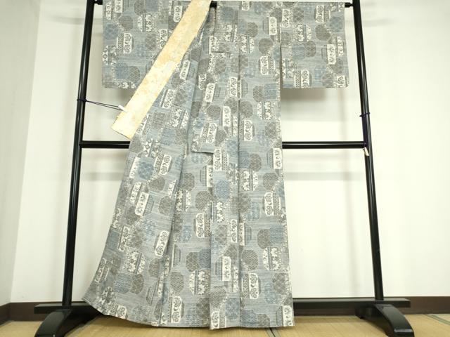 平和屋着物▽小千谷紬 単衣 亀甲更紗花文 正絹 逸品 DAAT9861az