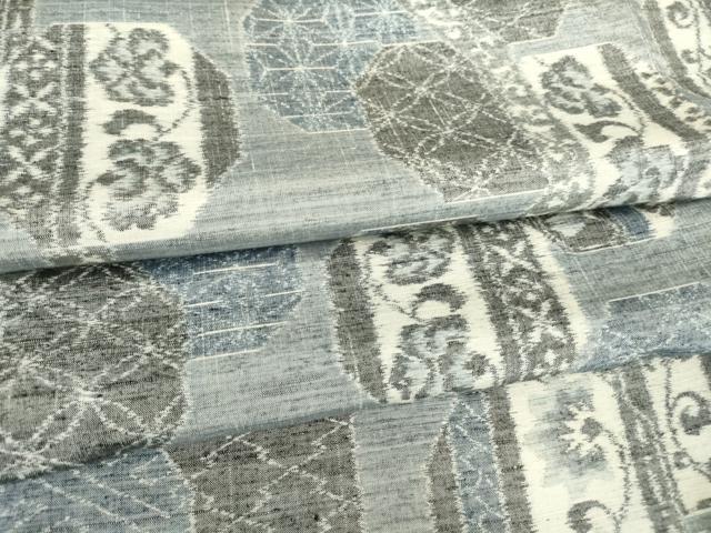 平和屋着物▽小千谷紬 単衣 亀甲更紗花文 正絹 逸品 DAAT9861az