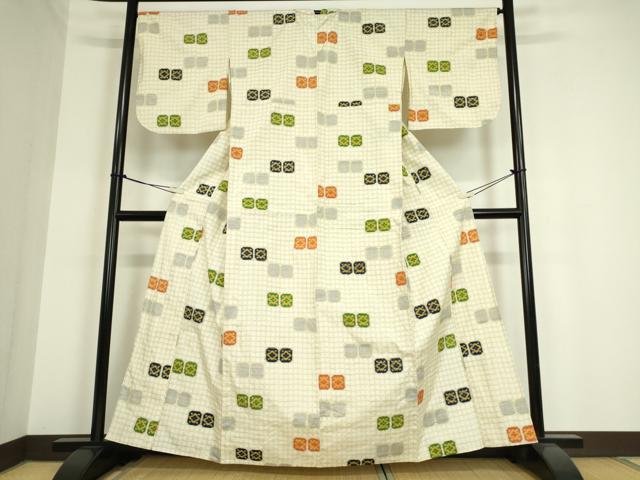 平和屋着物▽上質な紬 単衣 色紙花文 反端付き 正絹 逸品 DAAT9913az