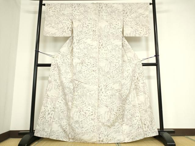 平和屋着物▽上質な小紋 単衣 紬地 草花文 正絹 逸品 DAAT9914az