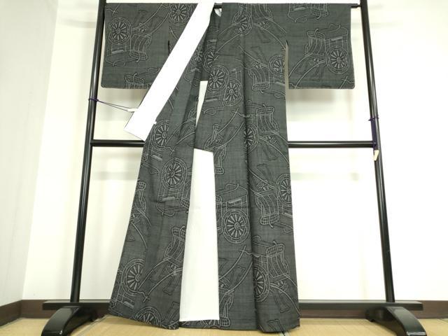 平和屋着物▽結城紬 単衣 御所車文 100亀甲 黒地 伊勢丹扱い 正絹 逸品 DAAT9938az