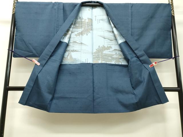 平和屋着物●男性 紬 アンサンブル 青藍色 正絹 逸品 DAAU0543tw