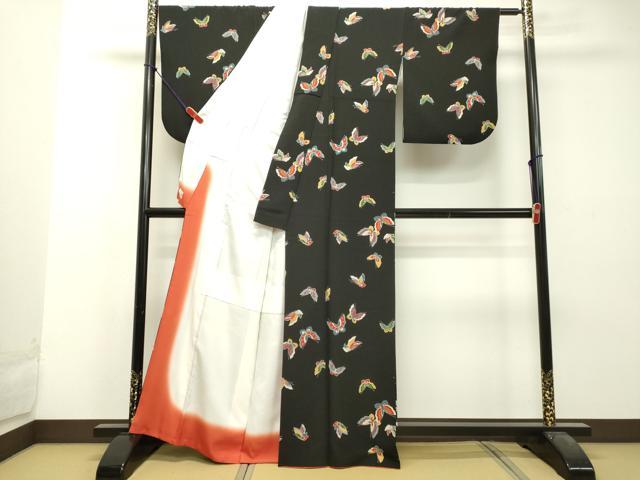 平和屋着物●洗える最高級着物 <英>はなぶさ謹製 小紋 舞蝶文 黒地 洗える着物 DAAU0582tw
