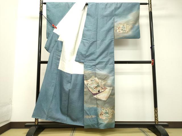 平和屋着物●本場染大島紬 訪問着 刺繍 色紙重ね人物風景文 金銀糸 正絹 逸品 DAAU0622tw