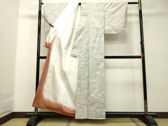 平和屋着物●本場大島紬 白大島 9マルキ 格子草花文 正絹 逸品 DAAU0645tw