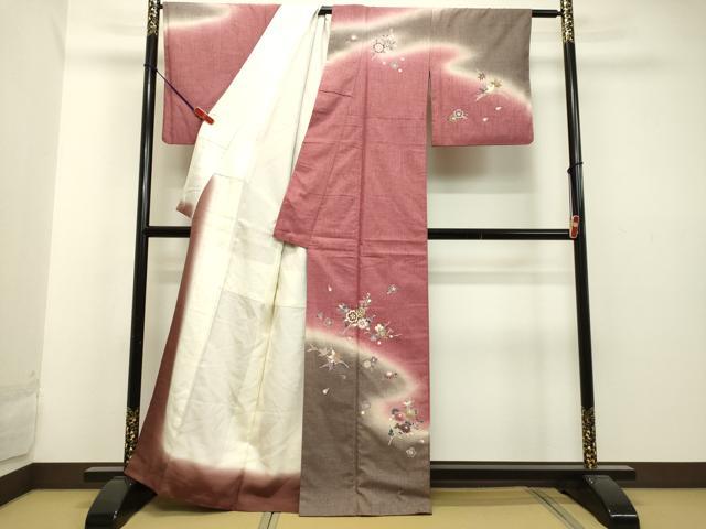 平和屋着物●訪問着 作家物 紬地 草花文 暈し染め 金彩 正絹 逸品 DAAU0706tw