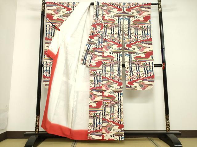 平和屋着物●豪華振袖・長襦袢セット(袷) 型染め 紅型 雲取り花鳥笹竹文 正絹 逸品 DAAU0856tw