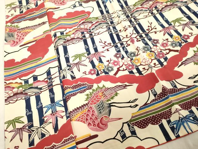 平和屋着物●豪華振袖・長襦袢セット(袷) 型染め 紅型 雲取り花鳥笹竹文 正絹 逸品 DAAU0856tw