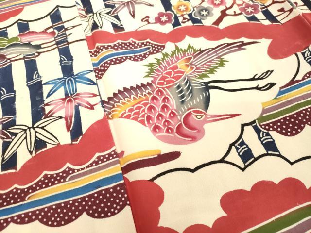 平和屋着物●豪華振袖・長襦袢セット(袷) 型染め 紅型 雲取り花鳥笹竹文 正絹 逸品 DAAU0856tw