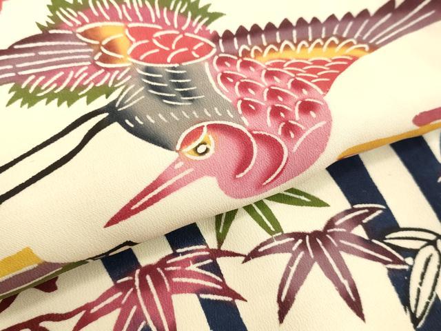 平和屋着物●豪華振袖・長襦袢セット(袷) 型染め 紅型 雲取り花鳥笹竹文 正絹 逸品 DAAU0856tw