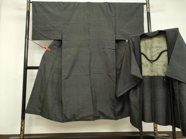 平和屋着物●男性 紬 アンサンブル 十字絣 黒地 正絹 逸品 DAAU0930tw