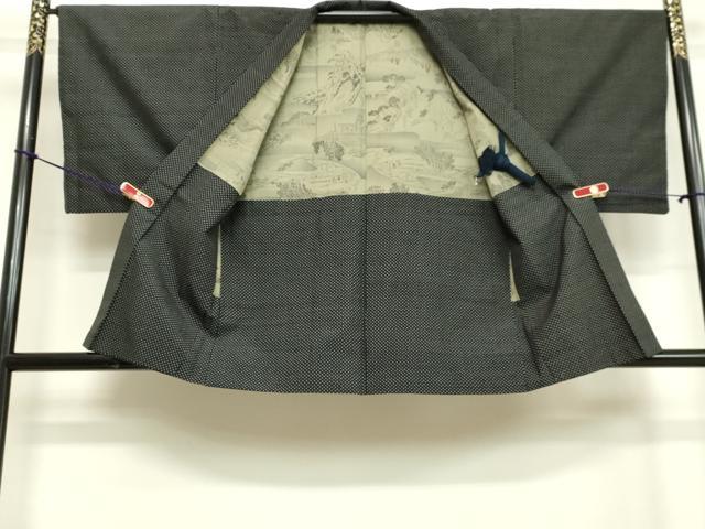 平和屋着物●男性 紬 アンサンブル 十字絣 黒地 正絹 逸品 DAAU0930tw