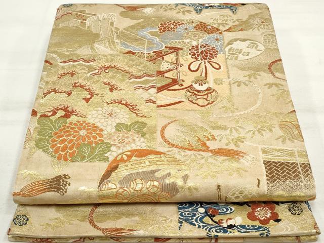 平和屋着物◎全通柄袋帯 吉祥枝梅文 金糸 正絹 逸品 DAAU1030qa