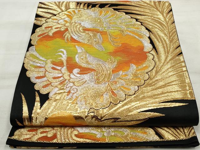 平和屋着物◎六通柄袋帯 鳳凰 黒地 金銀糸 正絹 逸品 DAAU1110qa