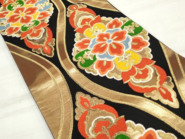 平和屋着物◎六通柄袋帯 唐織 立涌正倉院花文 黒地 金糸 正絹 逸品 DAAU1112qa