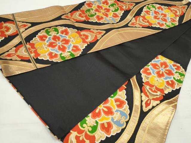 平和屋着物◎六通柄袋帯 唐織 立涌正倉院花文 黒地 金糸 正絹 逸品 DAAU1112qa